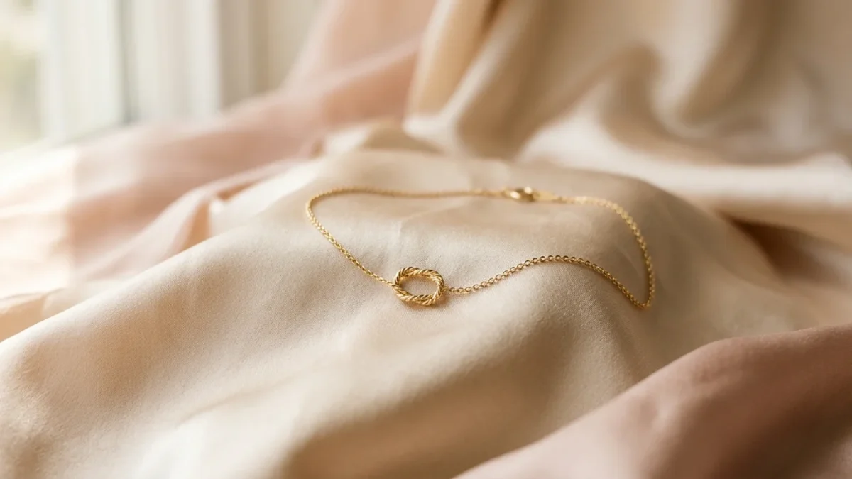 A delicate thin gold chain with a small knot on blush velvet, illustrating how to untangle a necklace.